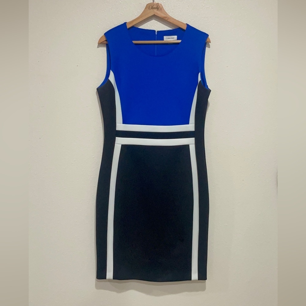 Calvin Klein Black and Blue Pencil Dress with White Accents